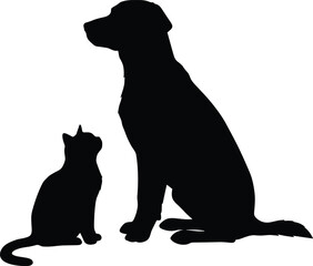 Silhouette of dog and cat together, animal friendship, pet companionship, domestic animals, love, loyalty, harmony, peaceful bond, black outline illustration