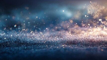 Sparkling midnight blue glitter surface with blurred fireworks creating a dreamy, festive atmosphere of celebration and magic in soft focus