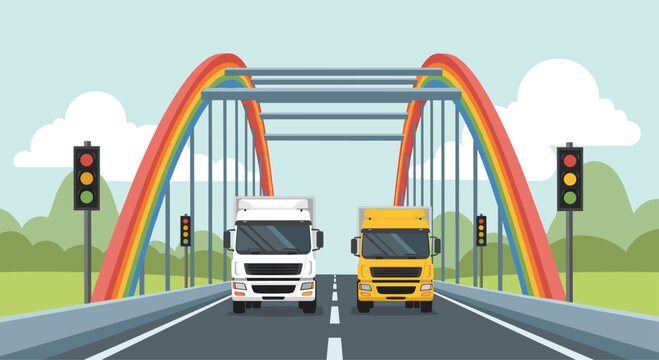 Two trucks, one white and one yellow, drive on a bridge adorned with a vibrant rainbow arch, traffic lights guiding their way