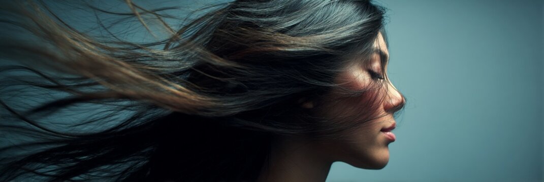 Dynamic portrait of a woman with flowing hair captured in a dramatic side profile against a muted teal background, showcasing movement and ethereal beauty