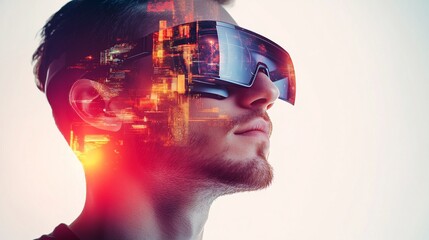 Futuristic virtual reality explorer immersed in digital cityscape, blending human profile with technological visualization of urban landscape