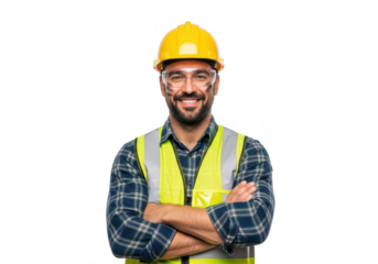 A smiling construction worker wearing a yellow hard hat and reflective safety vest with arms crossed isolated on transparent background