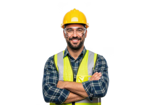 A smiling construction worker wearing a yellow hard hat and reflective safety vest with arms crossed isolated on transparent background
