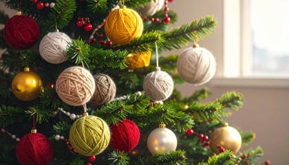 christmas knititng concept tree with balls of wool and yarn 
