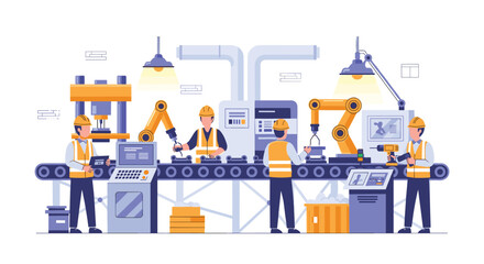 Skilled workers and advanced robots collaborate seamlessly on an automated assembly line, modernizing manufacturing processes for peak efficiency