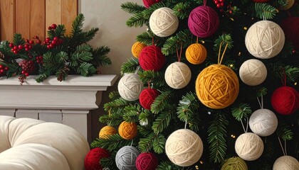 christmas tree with balls of wool for knitting 