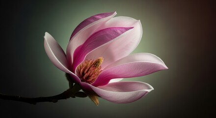 Fototapeta premium Elegant pink magnolia flower in bloom. Macro detail of delicate petals and stamen. Springtime floral concept for wellness spa marketing. Natural beauty and botanical design element