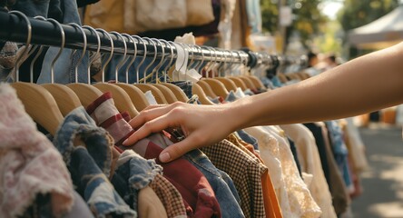 Hand selecting vintage clothing on a rack at a flea market stall