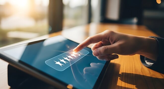 Hand touching digital tablet screen displaying rating star icon.