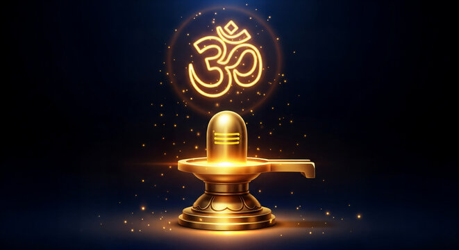 Radiant Shiva lingam with glowing Om symbol conveying spirituality and inner peace during Hindu worship and festive occasions - Powered by Adobe