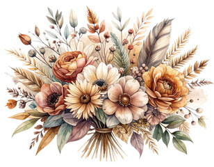 Boho-Inspired Hand-Drawn Flower Arrangement with Foliage and Warm Earth Tones, PNG