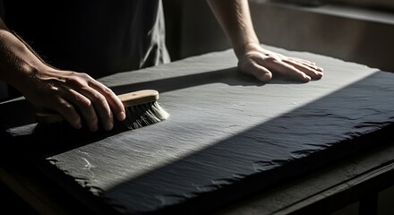 Hand brushing dark slate tile surface under bright light indoors