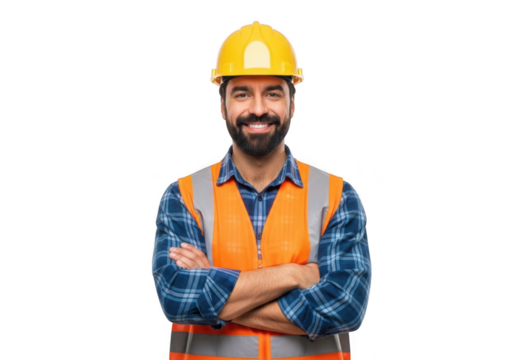 A smiling construction worker wearing a yellow hard hat and orange safety vest with arms crossed isolated on transparent background
