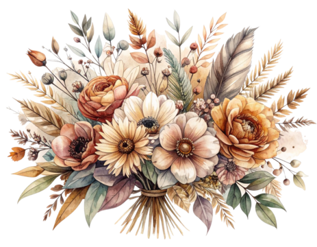 Boho-Inspired Hand-Drawn Flower Arrangement with Foliage and Warm Earth Tones, PNG