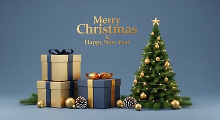 Christmas and New Year celebration with decorated tree and gift boxes