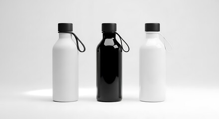 Three reusable water bottles, one black and two white, with black caps and loops, isolated on white background mockup background