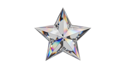 A clear crystal star with rainbow reflections on a black background in a studio setting