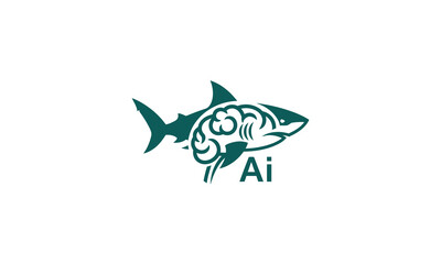 Fototapeta premium Shark ai logo design concept with smart brain symbol, artificial intelligence animal illustration