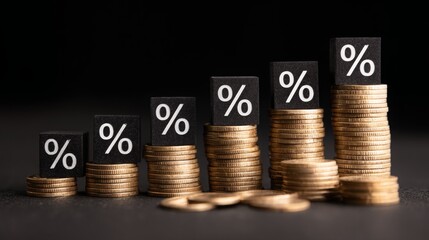 Percentage model with coins stack. Concepts of the banking system, rising interest rates, inflation, deflation, and savings.