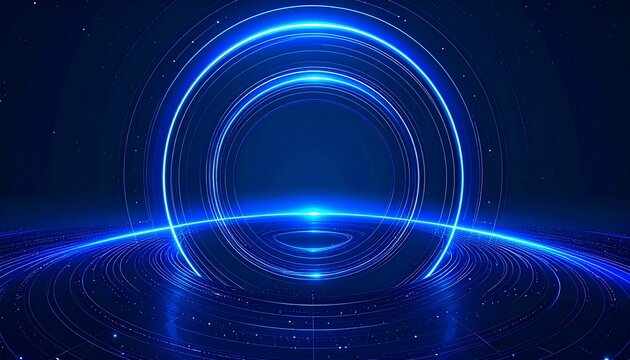 Futuristic digital background with glowing blue concentric circles forming a luminous energy portal or vortex on a reflective surface
