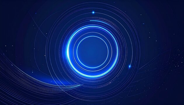 Abstract futuristic technology background with glowing blue neon circles and swirling light trails creating a dynamic digital concept - Powered by Adobe