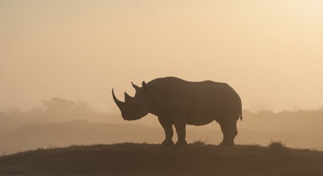 Majestic Rhino Silhouette at Misty Sunrise