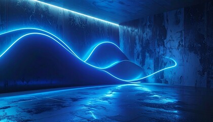 Futuristic abstract background featuring glowing blue neon waves in a dark, empty concrete room with reflective flooring