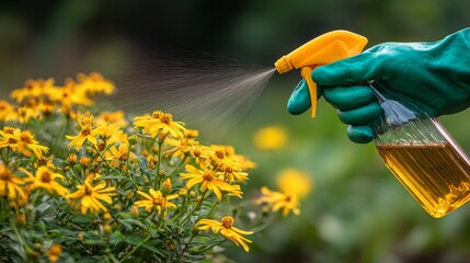 Person sprays pesticide on grass near yellow flowers in a garden, focusing on lawn care and plant protection during daytime.