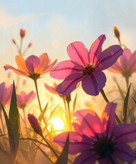 Colorful flowers bloom in a serene meadow at sunrise with golden sunlight illuminating the vibrant petals and soft sky