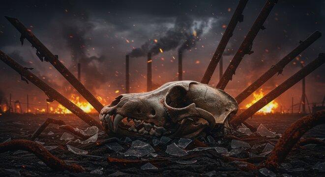 Apocalyptic Environmental Devastation with Skull and Industrial Pollution