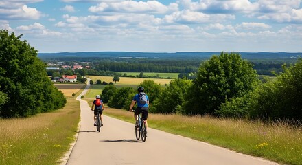 Cyclists enjoying a scenic ride on a country road through a beautiful landscape