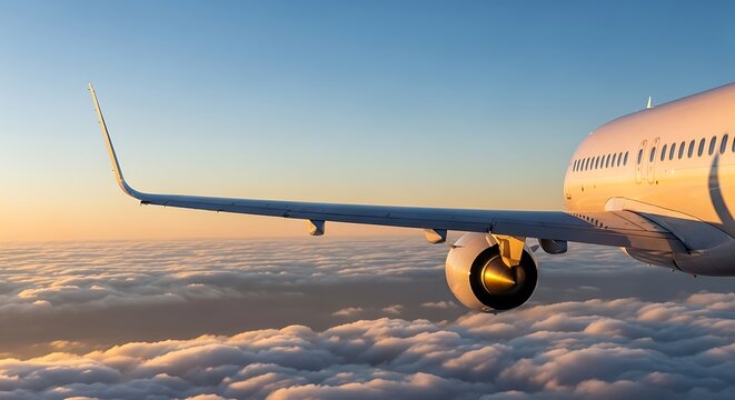 Airplane wing soaring above the clouds during a beautiful sunset flight