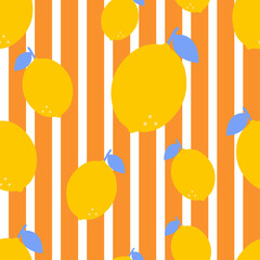 Bright Yellow Lemon on Orange Stripe Seamless Pattern