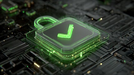 Green padlock with checkmark on a circuit board, digital security concept secure verified