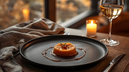 Elegant caramel custard dessert on a black plate, drizzled with syrup, set beside a candle and wine glass, creating a warm, romantic fine dining atmosphere.