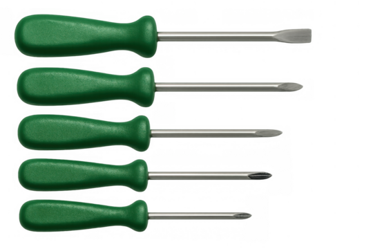 Green handle screwdriver set showcasing assorted flat-head and phillips head tools for repair and diy on transparent background