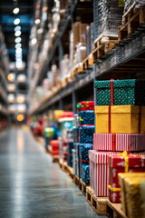 A warehouse filled with beautifully wrapped Christmas gifts stacked high on pallets, displaying vibrant colours and patterns, illuminated by soft lighting, creating a festive atmosphere in the spaciou