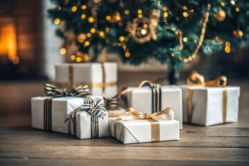 Beautifully wrapped Christmas gift boxes of various sizes are arranged under a decorated tree with warm golden lights, soft shadows and a cozy home interior creating a festive atmosphere.