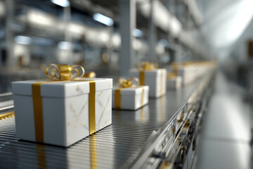 A conveyor belt transports elegantly wrapped white Christmas gift boxes adorned with gold ribbons, illuminated by bright industrial lighting, showcasing a clean, modern manufacturing environment with 