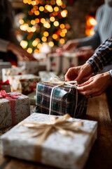A group of people happily wrap colorful Christmas gifts, carefully tying ribbons. Warm, diffused lighting, a cozy interior, and the twinkling lights of the Christmas tree create a festive atmosphere.