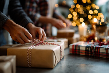 A group of different people joyfully wrapping Christmas presents, tying them with colorful ribbons, warm diffused lighting, a cozy home interior with bokeh illumination of a Christmas tree creating a 