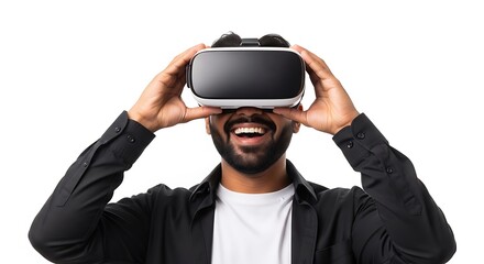 Man wearing a virtual reality headset and smiling, experiencing immersive technology mockup background