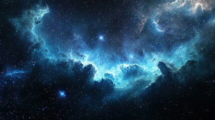 A vast, cosmic nebula with a blue hue, filled with stars and gas clouds, set against a dark backdrop with a few scattered stars.