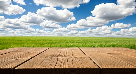 Wooden Tabletop with Green Field and Blue Sky Background.