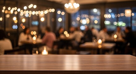 Blurred Restaurant Interior with Wooden Tabletop in Foreground.