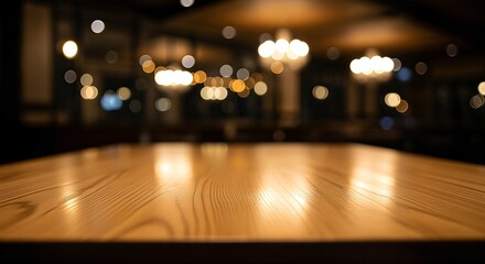 Blurred Restaurant Interior with Wooden Table in Foreground.