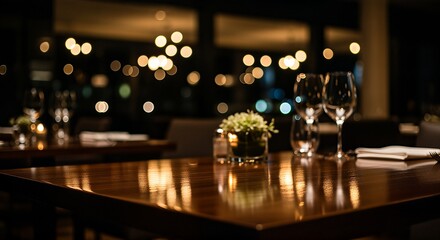 Elegant Restaurant Table Setting with Bokeh Lights Ambiance.