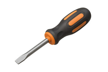Flathead screwdriver with black and orange handle, essential hand tool for repairs and diy projects, transparent background