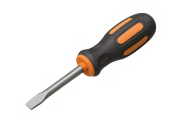 Flathead screwdriver with black and orange handle, essential hand tool for repairs and diy projects, transparent background