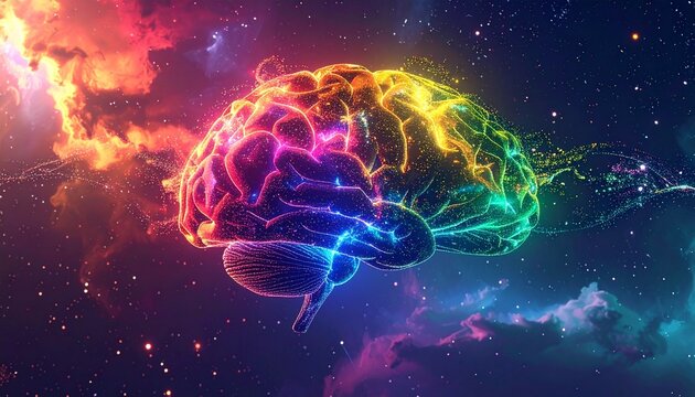 Cosmic consciousness and human intelligence conceptualized as a glowing, colorful brain amidst a vibrant, starry galaxy, symbolizing creativity and imagination